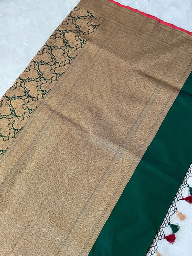 Banarasi Katan Pure Silk Saree | Handwoven | shade of Emerald Green with Antique Zari | Ships from California